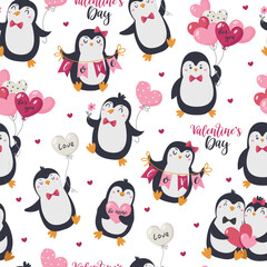 Wall Mural - Seamless pattern with Valentine's Day cute penguins.