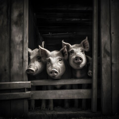 Pig in the countryside farm. Black and white photo.