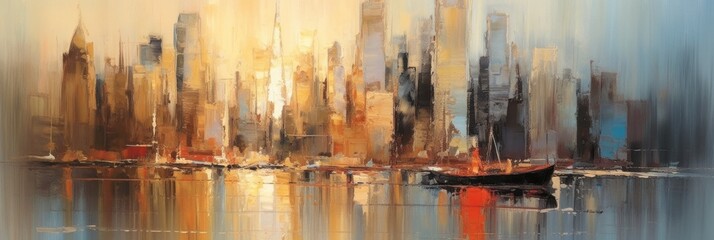 American city New York city skyline at sunset, abstract oil painting style poster