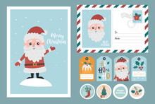 Christmas Set Of Card, Envelope And Gift Tags With Santa Claus