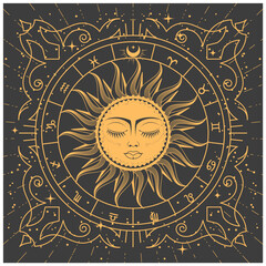 Wall Mural - Ornamental tarot style frame with magic sun, zodiac signs and esoteric patterns, mystic frame, vector