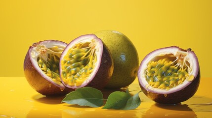 Wall Mural - passion_fruits_photorealism_style_on_chartreuse background