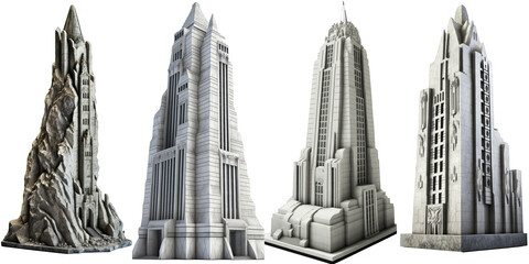 Elegant stone skyscraper graphic, full-scale, against a clear backdrop, showcasing its intricate architecture and towering presence.