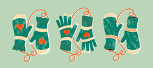 Mittens Pairs Flat Cartoon Textured Illustrations Set. Winter Gloves And Winter Holiday Concept. Hand Drawn Flat Holiday Symbol. Cute Green Mittens With Hearts. Trendy Illustration For Print And Web.