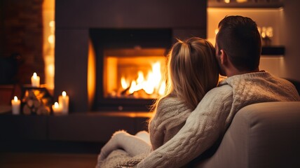 A loving couple sitting peacefully in front of the fireplace, Generative AI