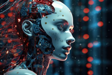 Wall Mural - A close-up image of a person with a robot head. This image can be used to represent technology, futuristic concepts, artificial intelligence, or human-machine interaction.