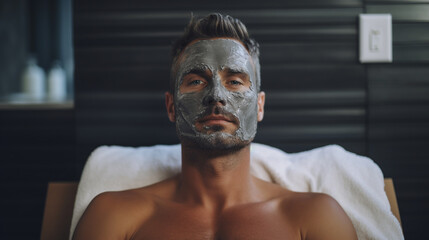 portrait of a man with a facial mask in a spa salon. ai generative