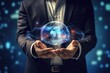© Ева Поликарпова - A man in a suit holding a glowing globe. This image can be used to represent global business, sustainability, or the concept of worldwide connections