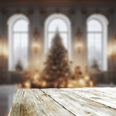 Wall Mural - Desk of free space and winter background of christmas tree. Empty space for your decoration and home inteiror. 