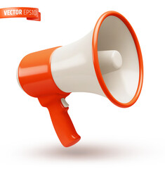 Vector realistic illustration of a red and white megaphone on a white background.
