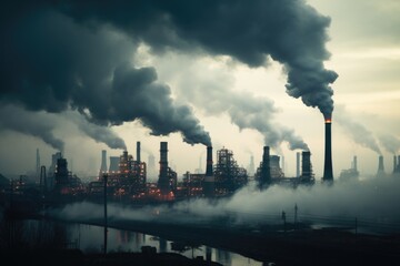 Sticker - A picture of smoke billowing out of a factory with a body of water in the foreground. This image can be used to depict industrial pollution or environmental concerns