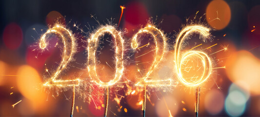 Aufkleber - Sylvester New Year, New Year's Eve 2026 party event celebration holiday greeting card - Closeup of sparkling year sparklers and bokeh lights in the background