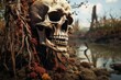 A skull sits atop a mound of dirt near a body of water. This eerie image can be used to create a dark and mysterious atmosphere in various projects