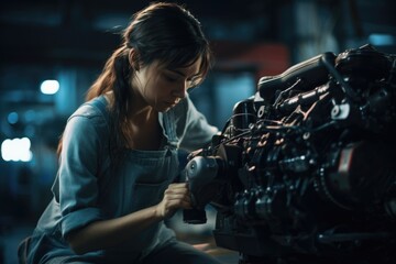 Canvas Print - A woman can be seen working on an engine in a garage. This image can be used to depict automotive repairs or DIY projects