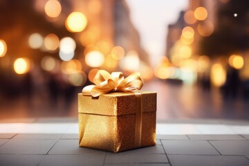 Wall Mural - Golden gift box background blurred street