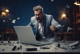 Fototapeta  - A angry businessman Throw a broken computer on the floor