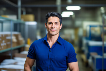 Wall Mural - Man in blue shirt is standing in warehouse.