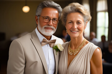 Poster - Man and woman in formal wear posing for picture.