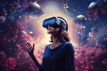 Wall Mural - Woman wearing a virtual reality headset in dreamy
