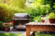 © Tymofii - Wooden table summer time in backyard garden