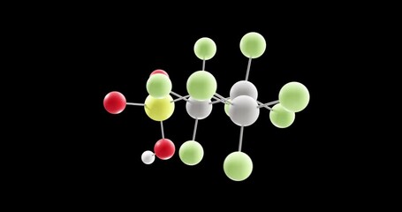 Canvas Print - Perfluorobutanesulfonic acid molecule, rotating 3D model of pfbs, looped video on a black background