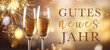 Gutes neues Jahr 2024 Silvester Neujahr Feiertag Grußkarte Banner mit deutschem Text - Champagner oder Sektgläser, die anstoßen, Feuerwerk im Hintergrund .