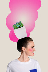 Sticker - Vertical collage image of cheerful positive girl plant pot head pink mind bubble isolated on creative grey background