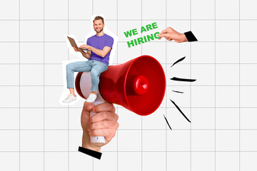 Sticker - Artwork collage of arm hold loudspeaker we are hiring announcement mini guy use laptop isolated on checkered background