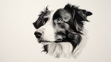 Minimalist One-line Pen Drawing On White Paper Of A Border Collie, Copy Space, 16:9
