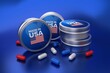 tablets made in USA, medication canisters featuring blue, white, and red tablets