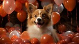 Fototapeta  - Cute Dog Celebrating Red Pary Hat, Comic background, Background Banner