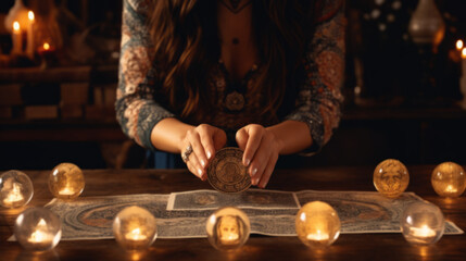 beautiful young woman tarot fortune teller in a fortune telling consultation