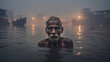 Man taking a bath in the Ganges River in India. Concept of Ritual Cleansing, Spiritual Immersion, and Cultural Practices.