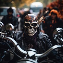 People In Skull Masks At A Motorcycle Rally. Great For Stories Of The Grim Reaper, Motorcycle Gangs, Demons, Horror, Crime And More. 