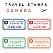 Travel badge design - passport stamps set (fictitious stamps). Canada destinations: Toronto, Montreal, Calgary and Vancouver. PNG objects with transparent background.