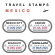 Travel stickers - passport stamps set (fictitious stamps). Mexico destinations: Mexico City, Cancun, Acapulco and Guadalajara. PNG objects with transparent background.