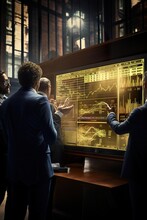 A group of investors analyzing market trends on a digital screen, with gold bars in the foreground