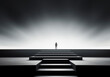 © Alicina - A man is on a staircase, in an unreal fantasy landscape with fantastic light. Minimalist art concept. AI generated
