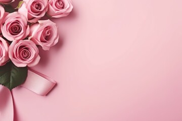 postcard. pink roses with a ribbon on a pink background. place for the inscription