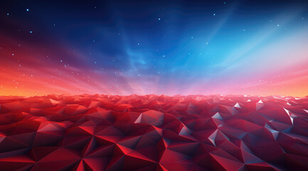 Wall Mural - A calm sea of crystals reflects a serene landscape of blue and red geometric shapes at dusk.