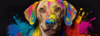 Dog in holly colors on black background, banner, generative AI