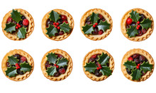 A Collection Of Christmas Mince Pies With Holly Isolated On Transparent Background
