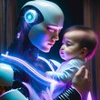 Humanoidalny robot trzymający na rękach niemowlę. Macierzyństwo przyszłości, sztuczna inteligencja, integracja człowieka z maszyną