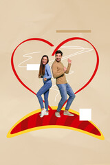 Wall Mural - Creative photo artwork collage of charming married couple enjoying 14 february disco isolated beige color background