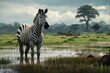 a zebra standing in a body of water. Ai ilustration. digital painting. Generative AI Artificial Intelligence Artwork