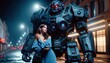 Woman in a light blue dress stands tranquil beside a massive mechanical robot on a city street at night