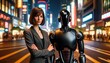Confident woman in a business suit poses with a sleek and sophisticated humanoid robot on a city crosswalk