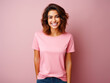 Lady wearing a plain tshirt standing in front of isolated pink background - ai generative
