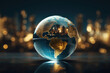 Glowing earth globe focused on Americas against a blurred city backdrop