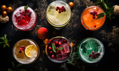 Overhead top down view of christmas cocktails on a bar